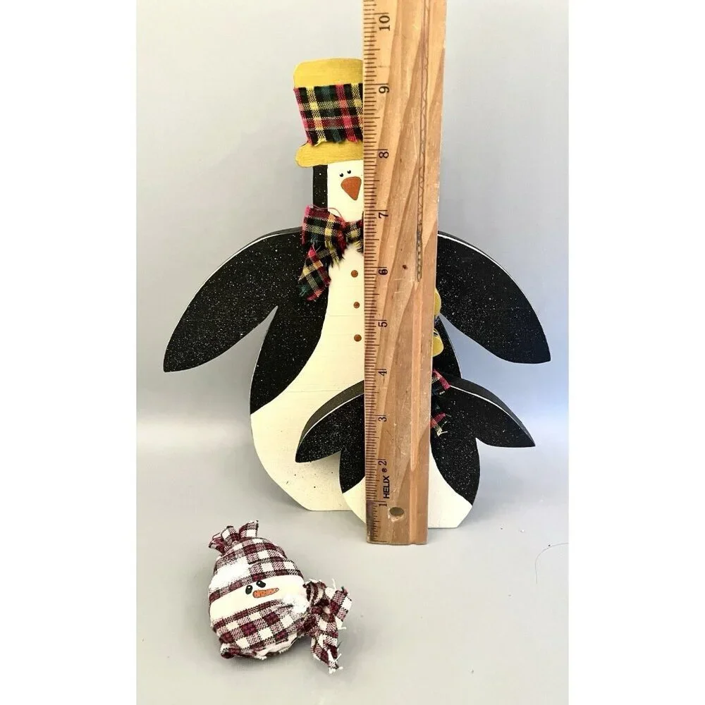 Winter Holiday Wooden Penguin Shelf Sitter 9.5” & Fabric Snowman Pin Handmade